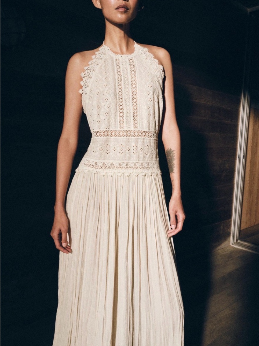 Zara Cream Crochet Halter Maxi Dress with Lace Panels